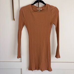 Ribbed Long Sleeve Tan Dress